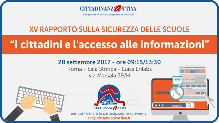 Banner evento “XV rapporto sulla sicurezza delle scuole”, tema “I cittadini e l’accesso alle informazioni”, 28 settembre 2017, Roma.