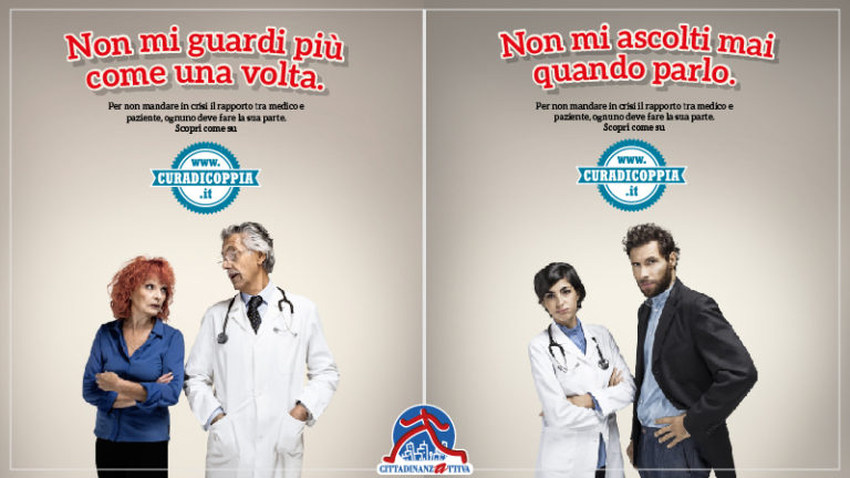 A sinistra una donna discute con un medico sotto la scritta "Non mi guardi più come una volta", a destra una donna e un uomo in camice con "Non mi ascolti mai quando parlo", pubblicità sito curadicoppia.it.