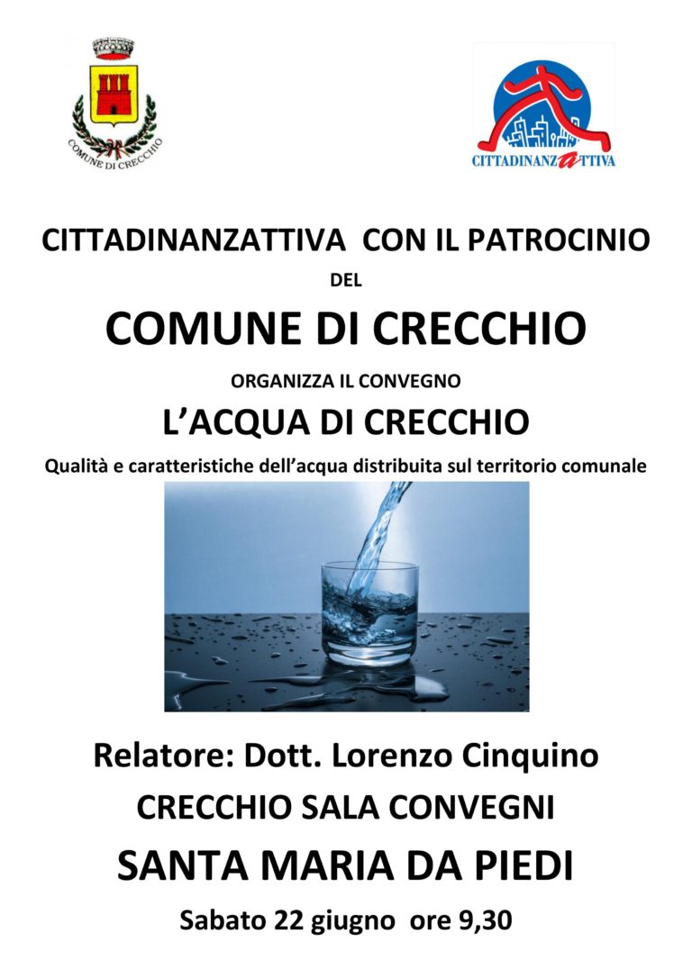 Locandina del convegno “L’acqua di Crecchio”, patrocinato dal Comune di Crecchio, con dettagli su data, luogo e relatore.