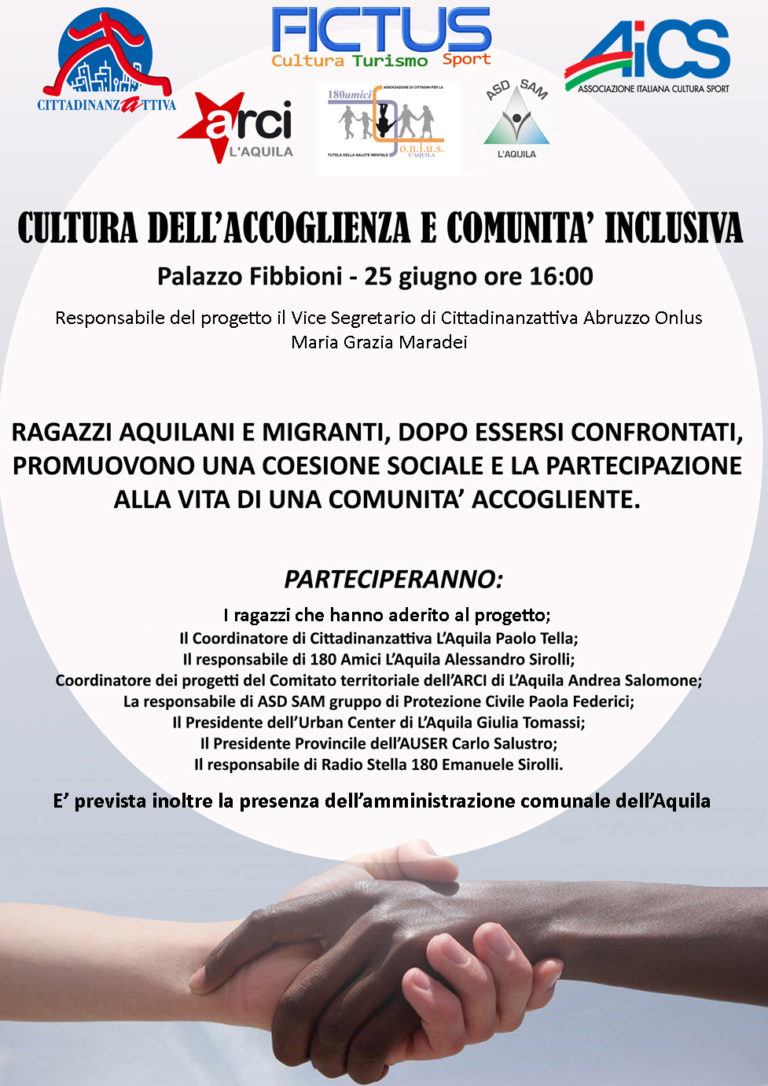 Locandina evento “Cultura dell’accoglienza e comunità inclusiva” a L’Aquila, con dettagli su data, luogo, promotori e programma.