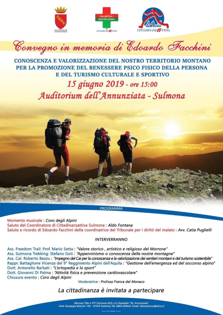 Locandina del convegno in memoria di Edoardo Facchini a Sulmona il 15 giugno 2019 sull’escursionismo e il benessere in montagna, con escursionisti in primo piano.