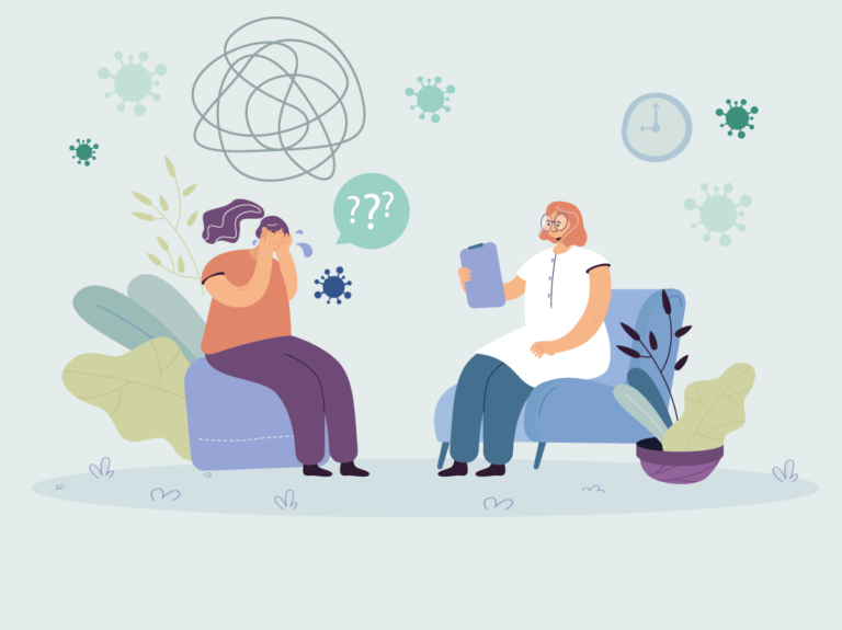 Donna triste con la testa tra le mani parla con una psicologa, simboli di ansia e virus sullo sfondo, ambientazione terapeutica.