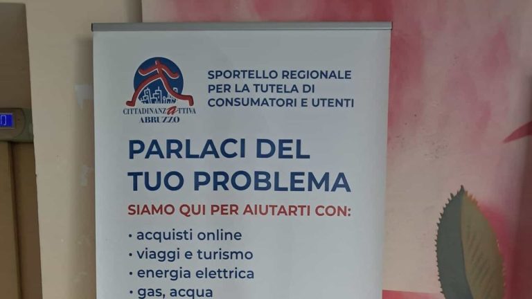 Banner dello Sportello Regionale per la tutela di consumatori e utenti Abruzzo con elenco di servizi di assistenza, tra cui acquisti online, viaggi e turismo, energia, gas e acqua.