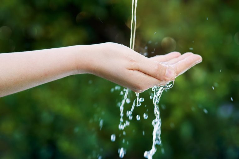 una mano tesa su sfondo verde che raffigura la natura e dell'acqua che cade dall'alto all'interno della mano