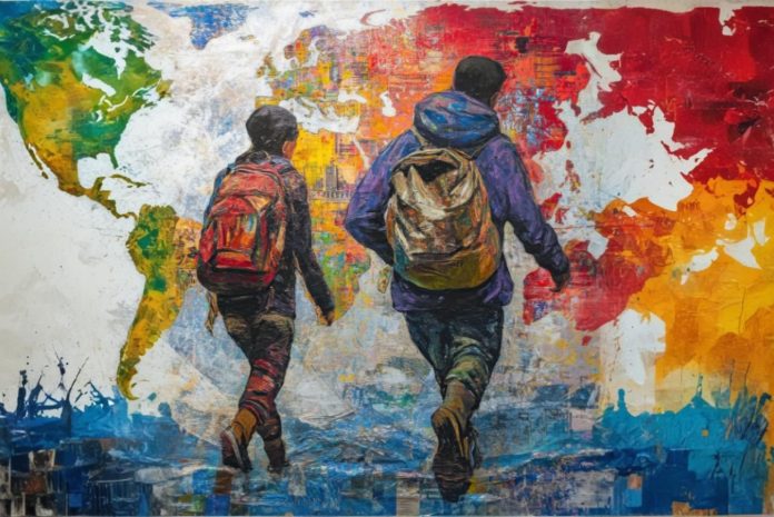 progetto scudi Due ragazzi con uno zaino che camminano insieme e di fronto hanno l'immagine della terra con tutti i continenti, simbolo di unione e uguaglianza